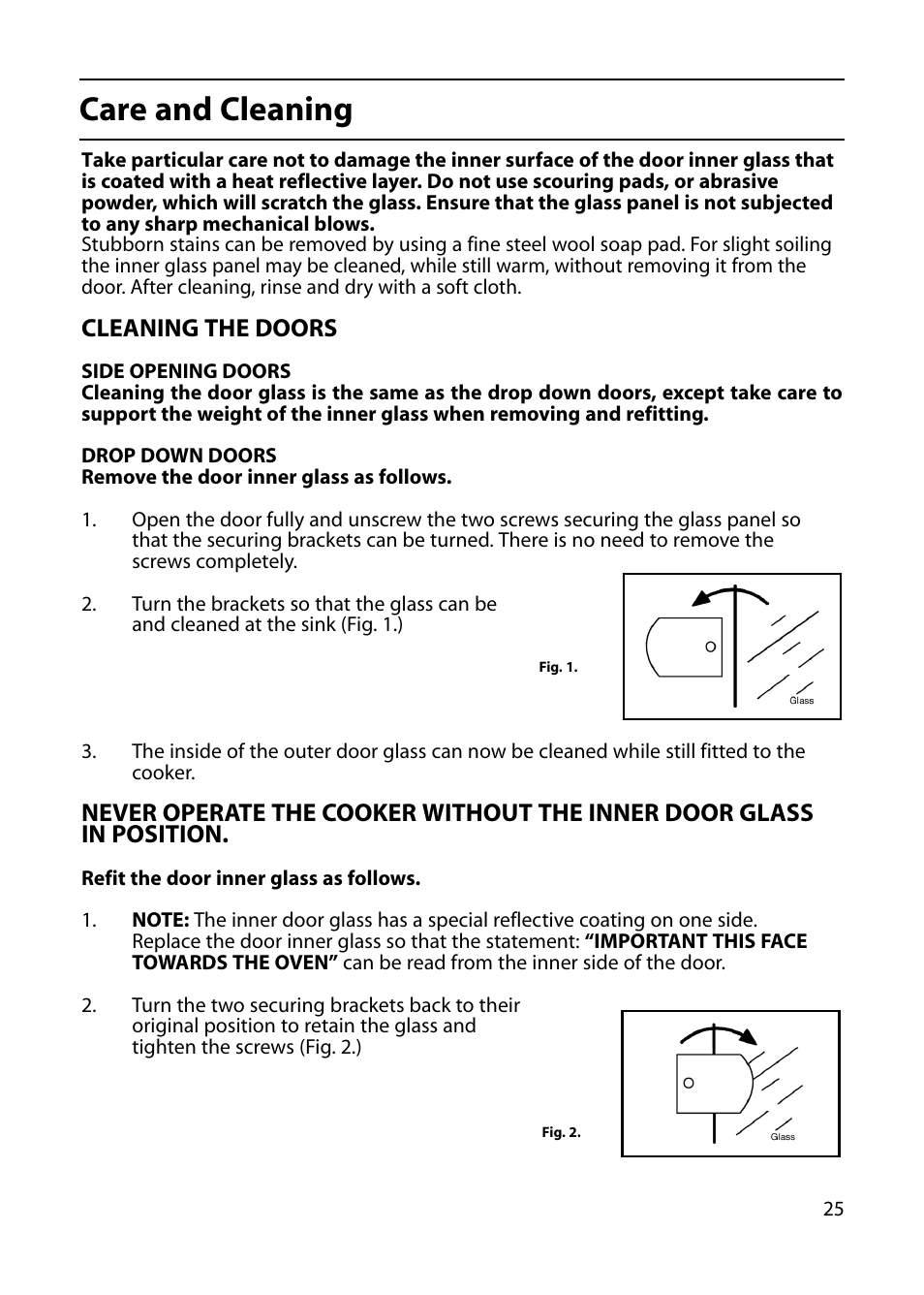 Care and cleaning, Cleaning the doors | Indesit KD641G User Manual | Page 25 / 36