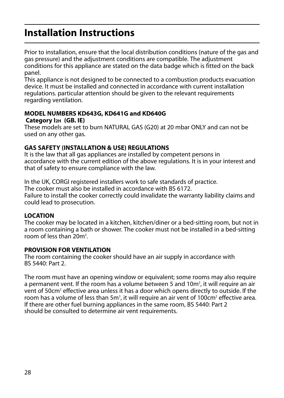 Installation instructions | Indesit KD641G User Manual | Page 28 / 36