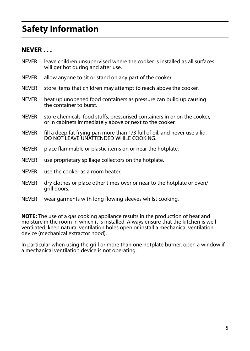 Safety information, Never | Indesit KD641G User Manual | Page 5 / 36