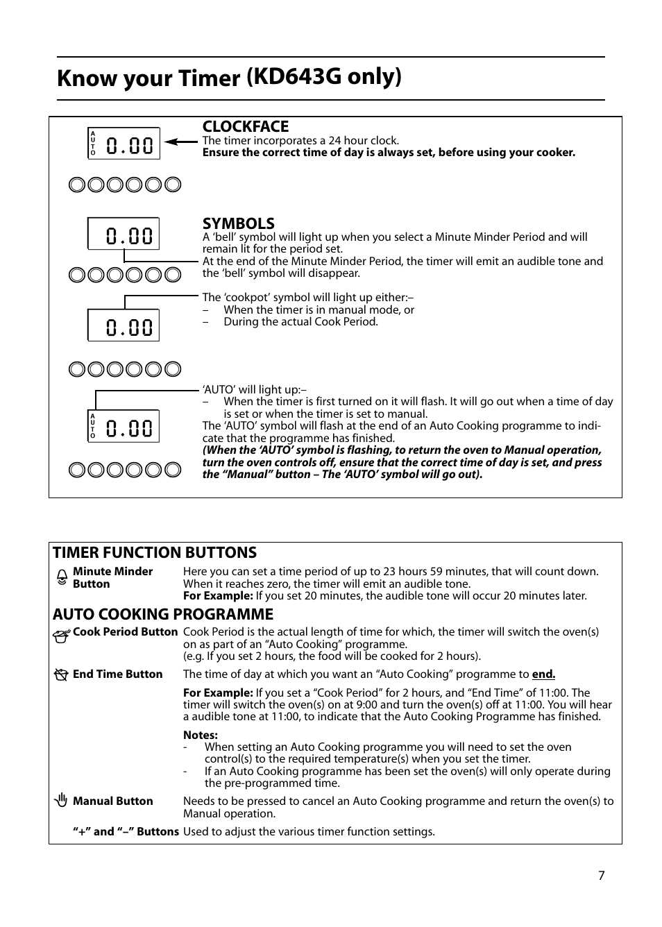 Know your timer (kd643g only), Clockface, Symbols | Timer function buttons auto cooking programme | Indesit KD641G User Manual | Page 7 / 36