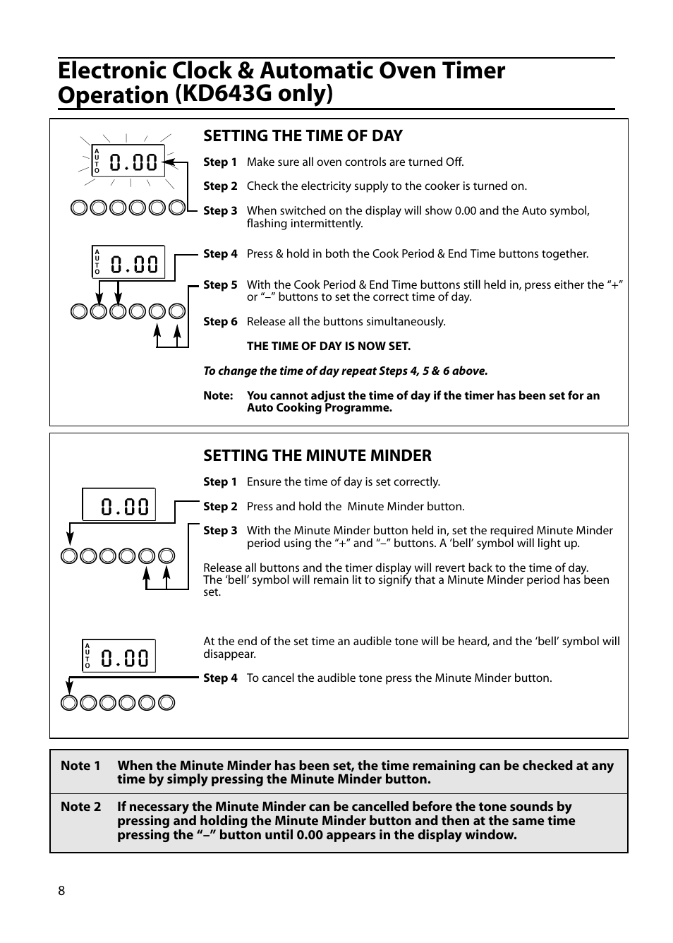 Setting the time of day, Setting the minute minder | Indesit KD641G User Manual | Page 8 / 36