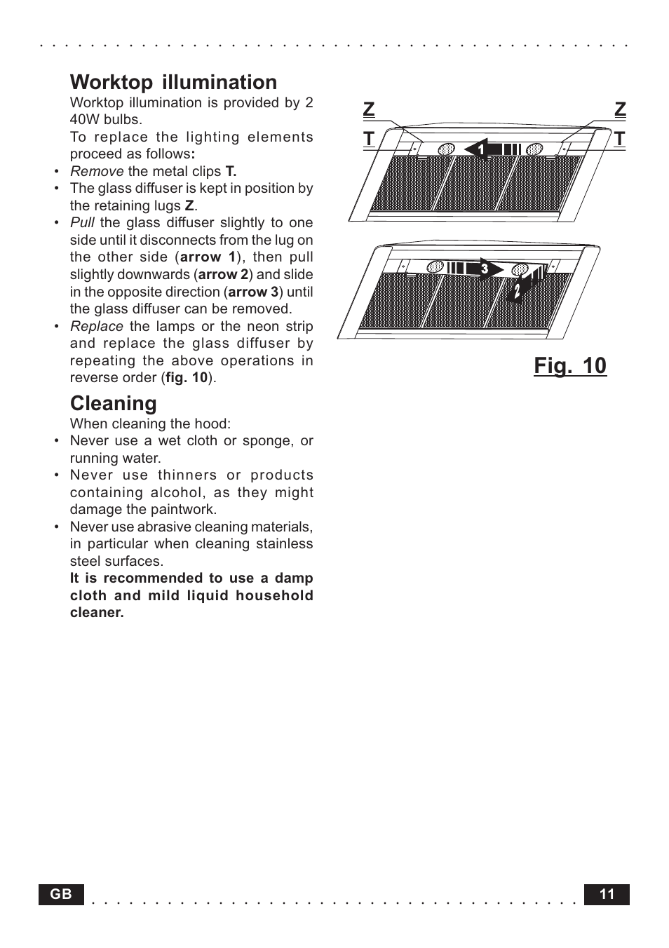 Worktop illumination, Cleaning, Fig. 10 | Zt z t, 11 gb | Indesit HI561 IXUK User Manual | Page 11 / 12
