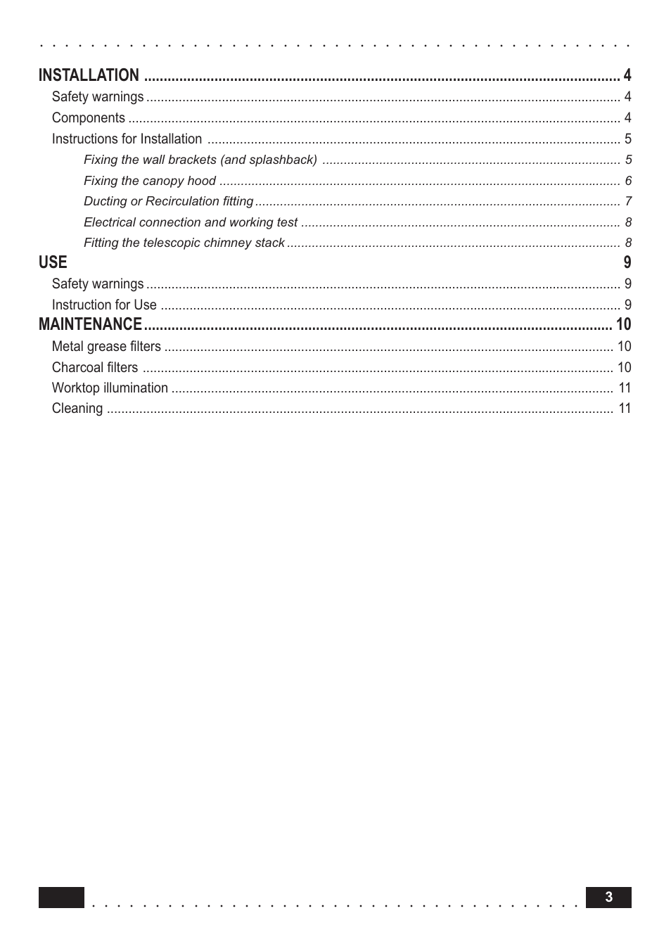 Installation, Use 9, Maintenance | Safety warnings instruction for use | Indesit HI561 IXUK User Manual | Page 3 / 12