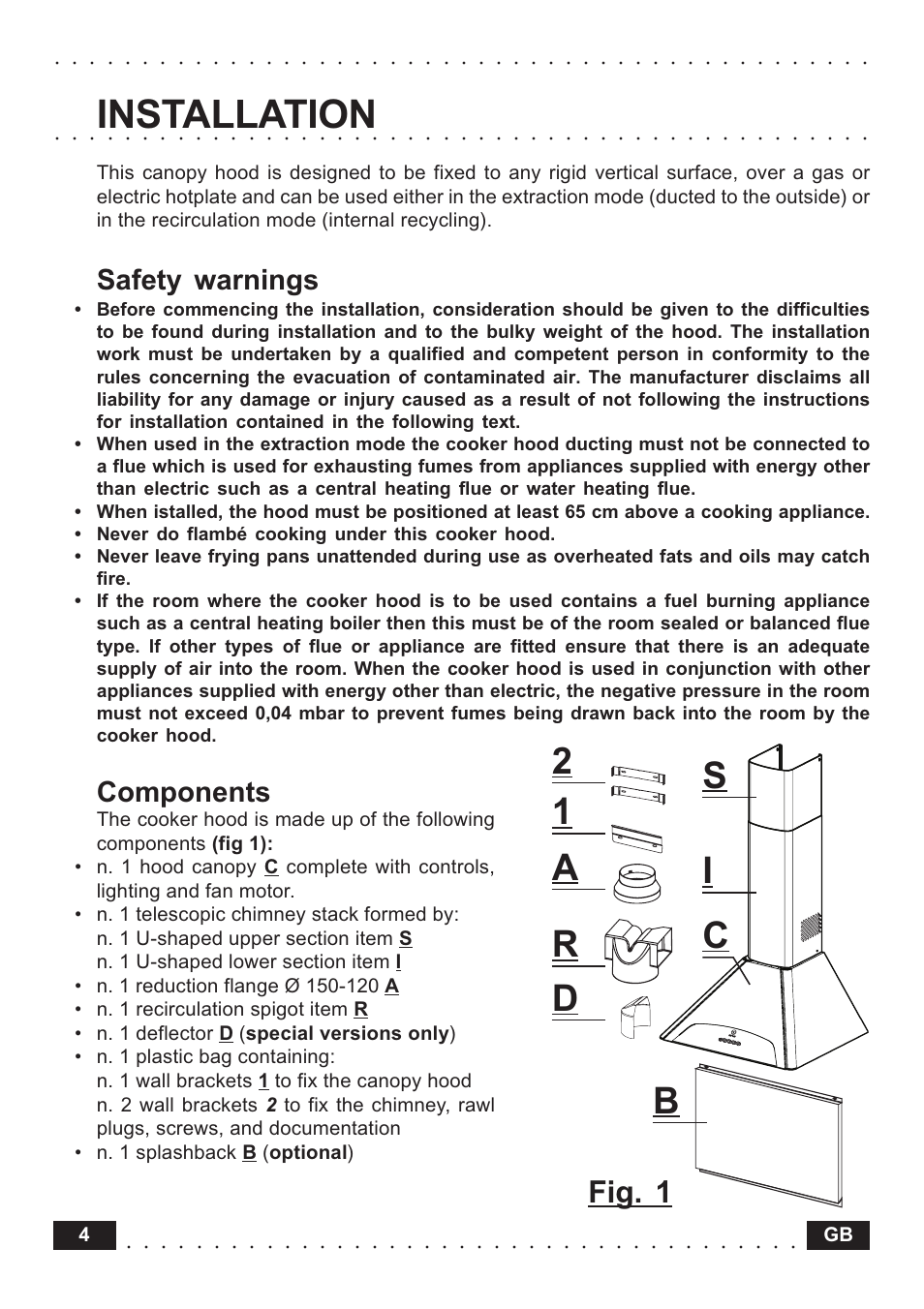 Installation, Safety warnings, Components | Fig. 1 | Indesit HI561 IXUK User Manual | Page 4 / 12