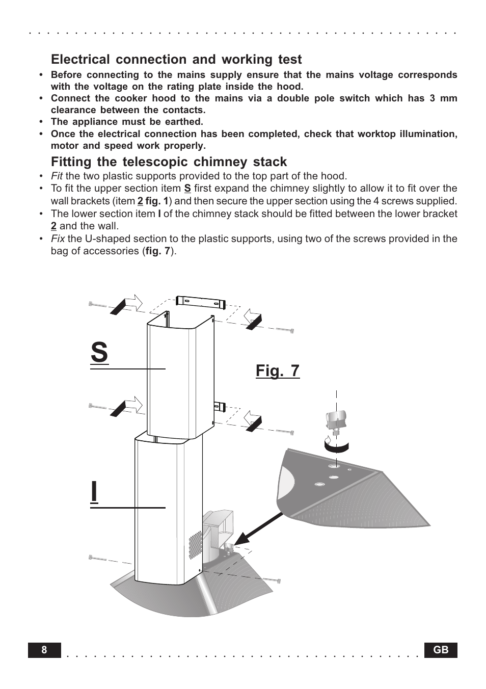 Electrical connection and working test, Fitting the telescopic chimney stack, Part 2 | Operation and maintenance instructions fig. 7 | Indesit HI561 IXUK User Manual | Page 8 / 12