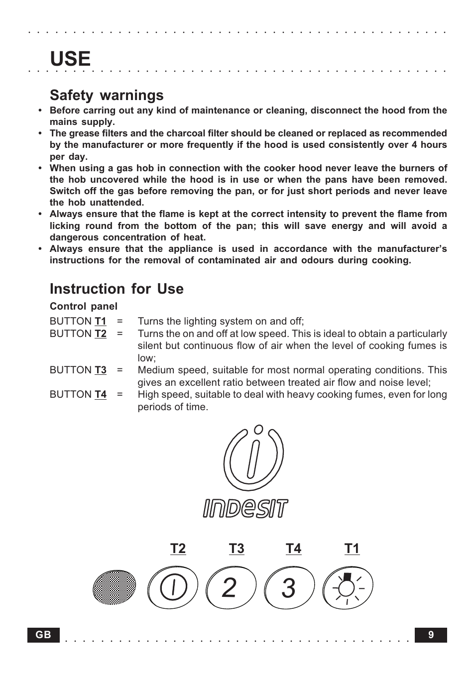 Safety warnings, Instruction for use, T4 t3 t2 t1 | Indesit HI561 IXUK User Manual | Page 9 / 12