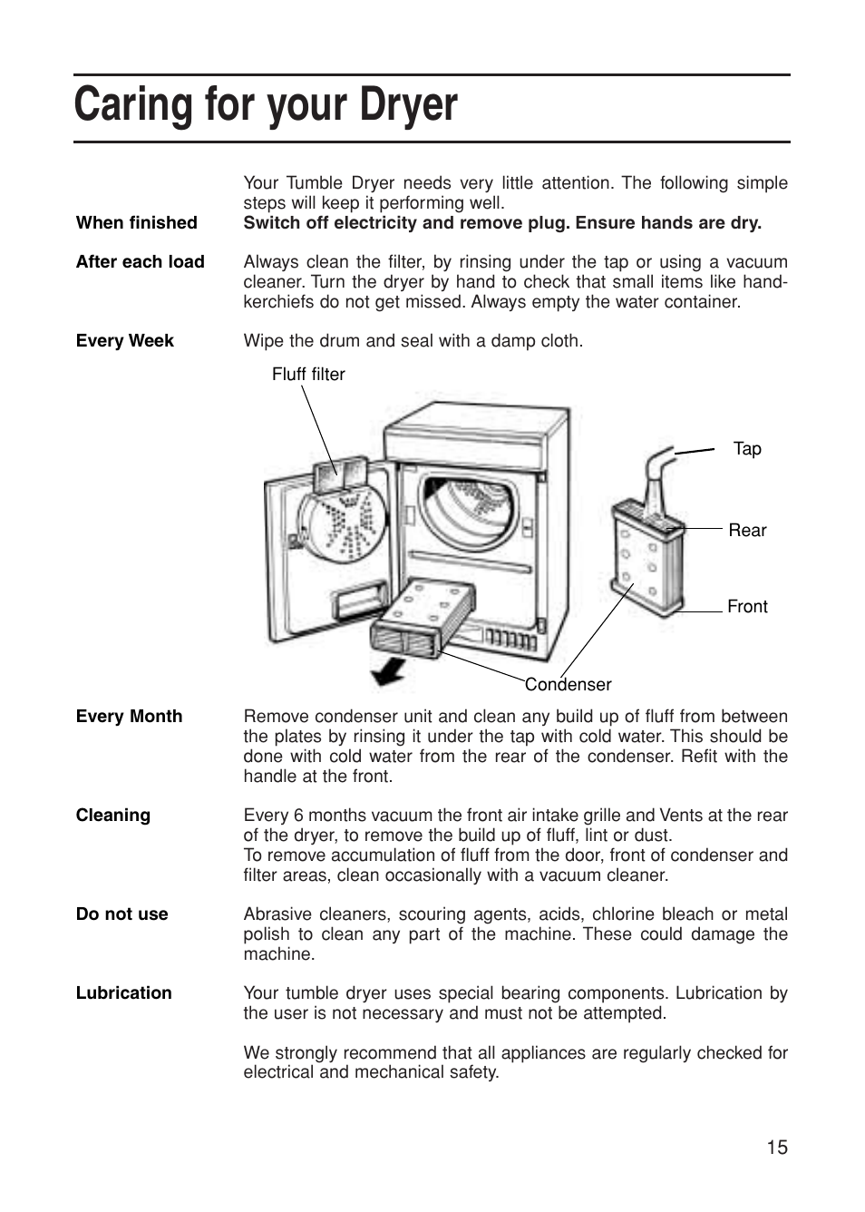 Caring for your dryer | Indesit G75C User Manual | Page 15 / 20