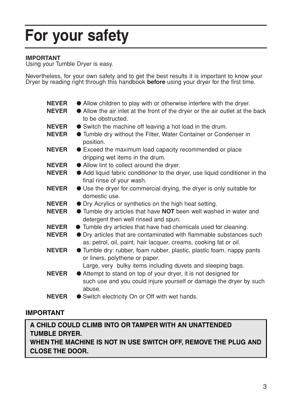 For your safety | Indesit G75C User Manual | Page 3 / 20