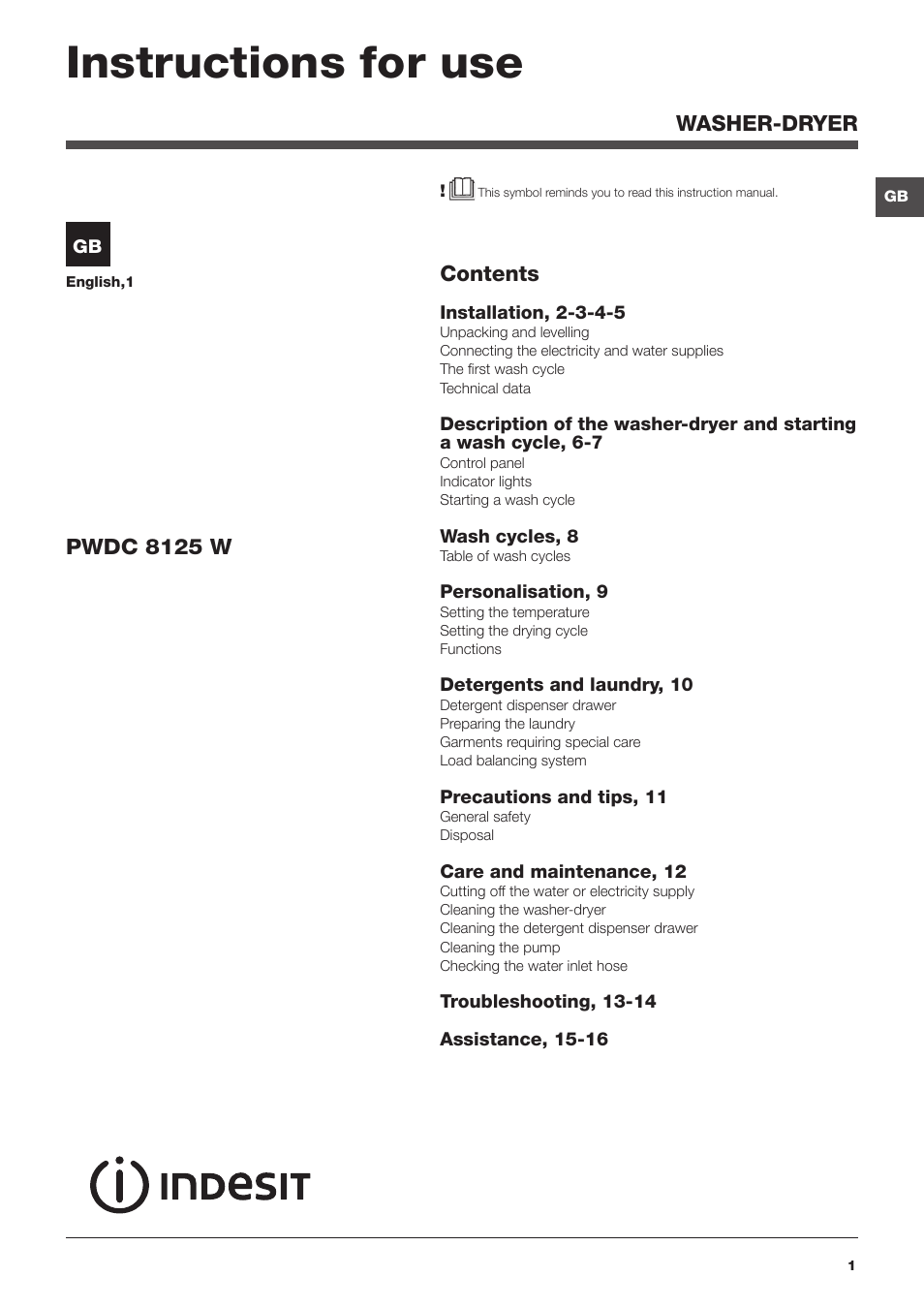 Indesit PWDC 8125 W User Manual | 16 pages