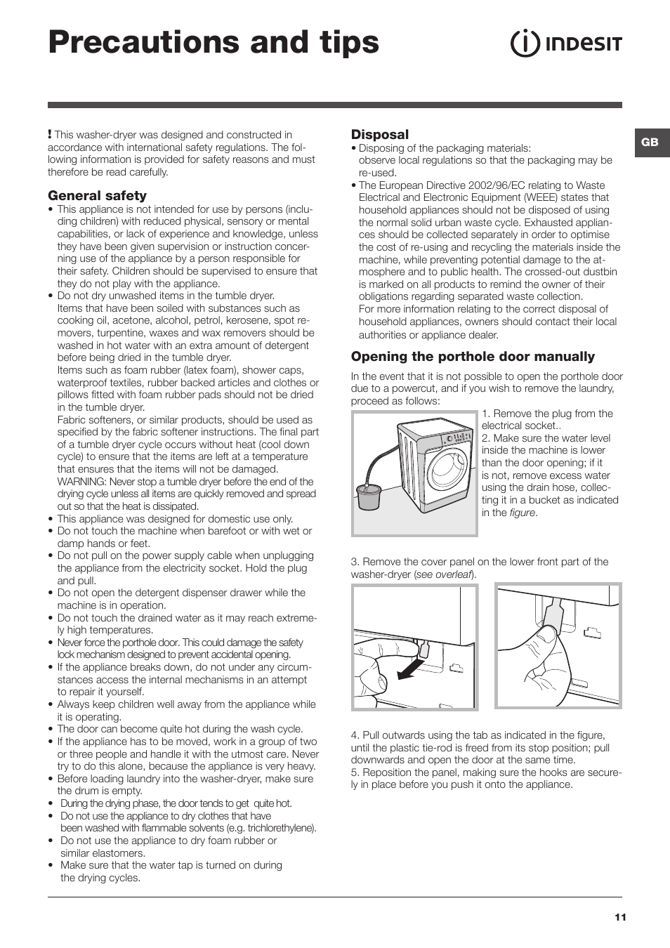Precautions and tips, Opening the porthole door manually, General safety | Disposal | Indesit PWDC 8125 W User Manual | Page 11 / 16