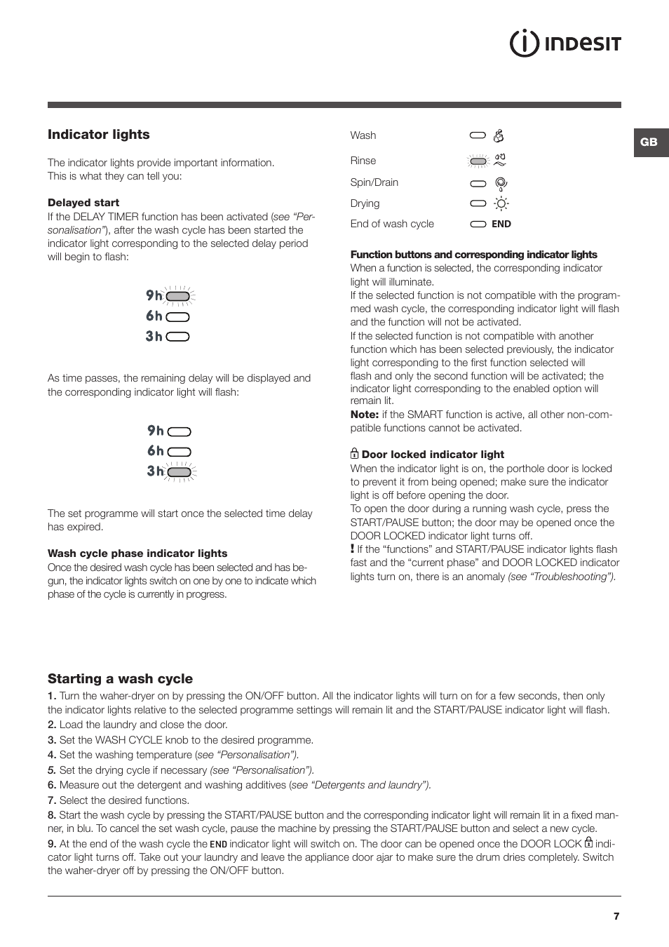 Indicator lights, Starting a wash cycle | Indesit PWDC 8125 W User Manual | Page 7 / 16