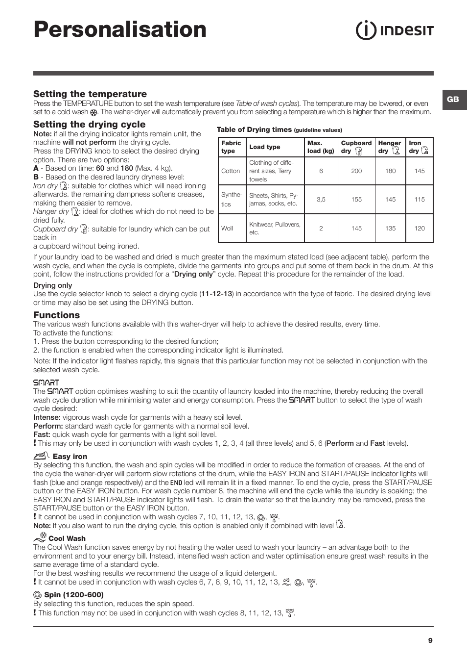 Personalisation, Setting the temperature, Setting the drying cycle | Functions | Indesit PWDC 8125 W User Manual | Page 9 / 16