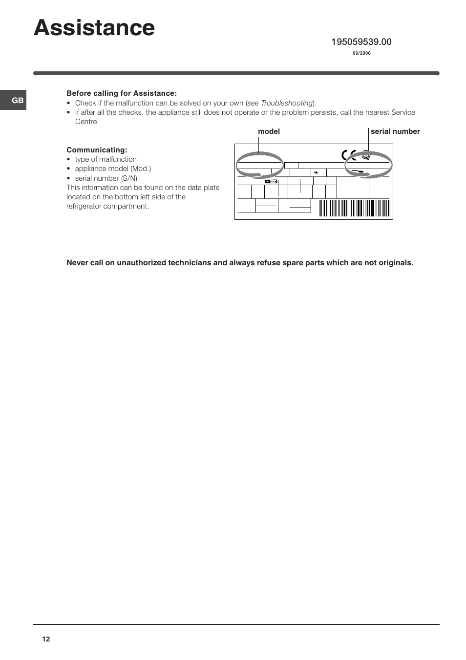 Assistance, Model serial number | Indesit BA 35 P User Manual | Page 12 / 12