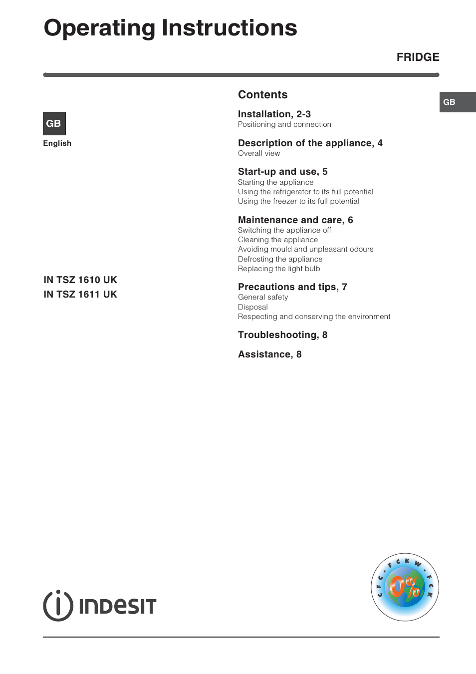 Indesit INTSZ1610UK User Manual | 8 pages