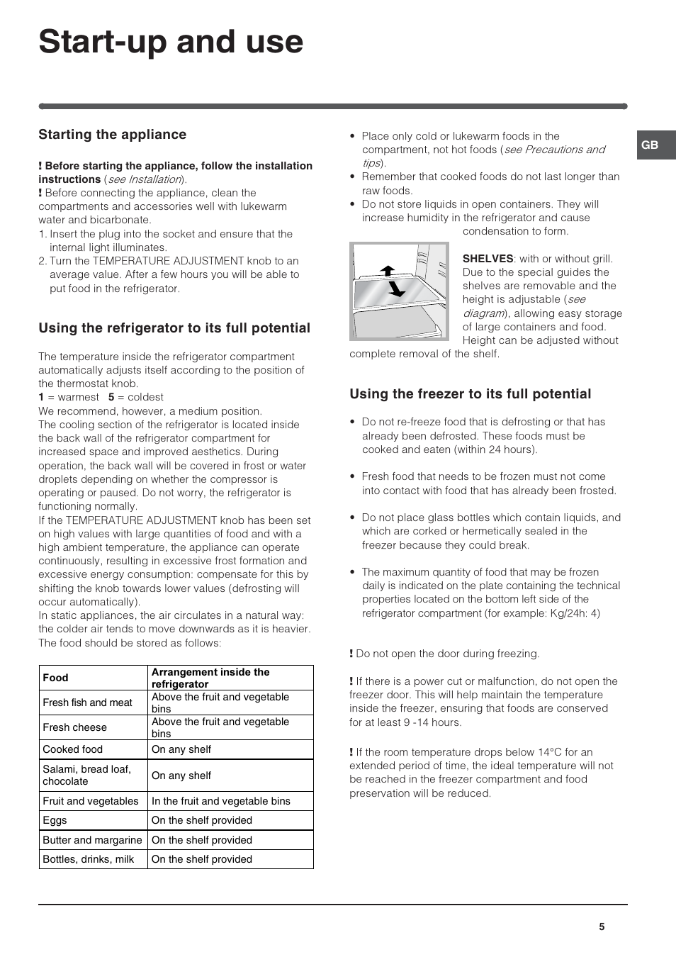 Start-up and use, Starting the appliance, Using the refrigerator to its full potential | Using the freezer to its full potential | Indesit INTSZ1610UK User Manual | Page 5 / 8