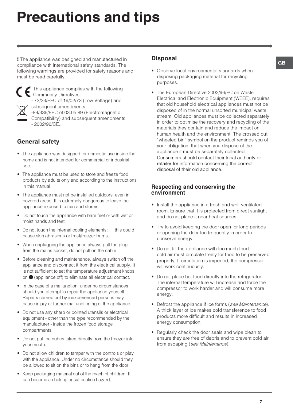 Precautions and tips, General safety, Disposal | Respecting and conserving the environment | Indesit INTSZ1610UK User Manual | Page 7 / 8