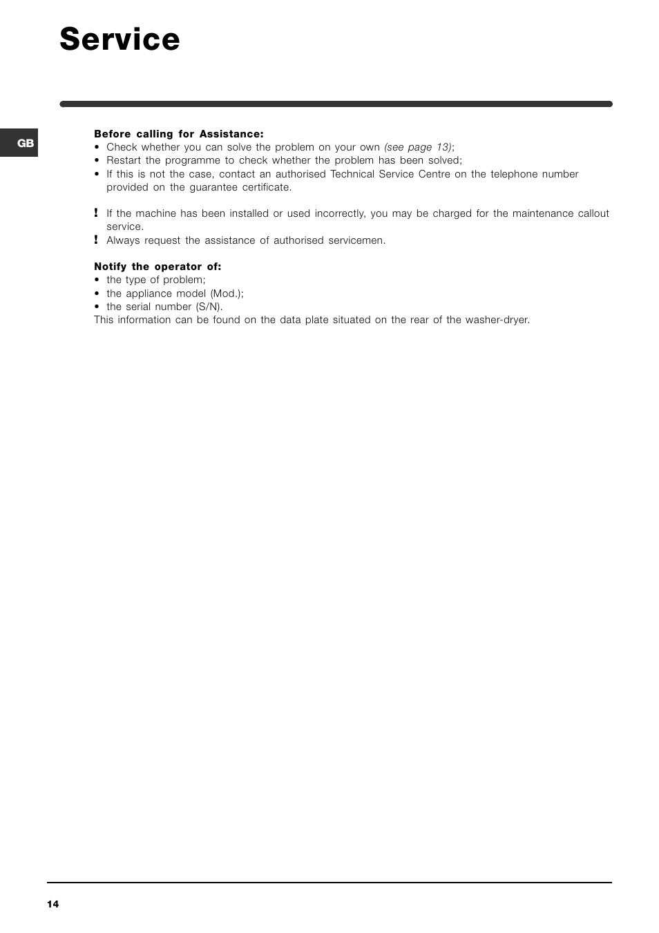 Service | Indesit Washer-Dryer User Manual | Page 14 / 16