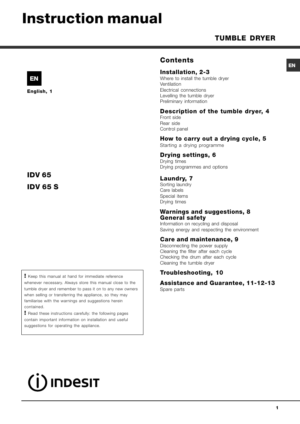Indesit IDV 65 User Manual | 16 pages