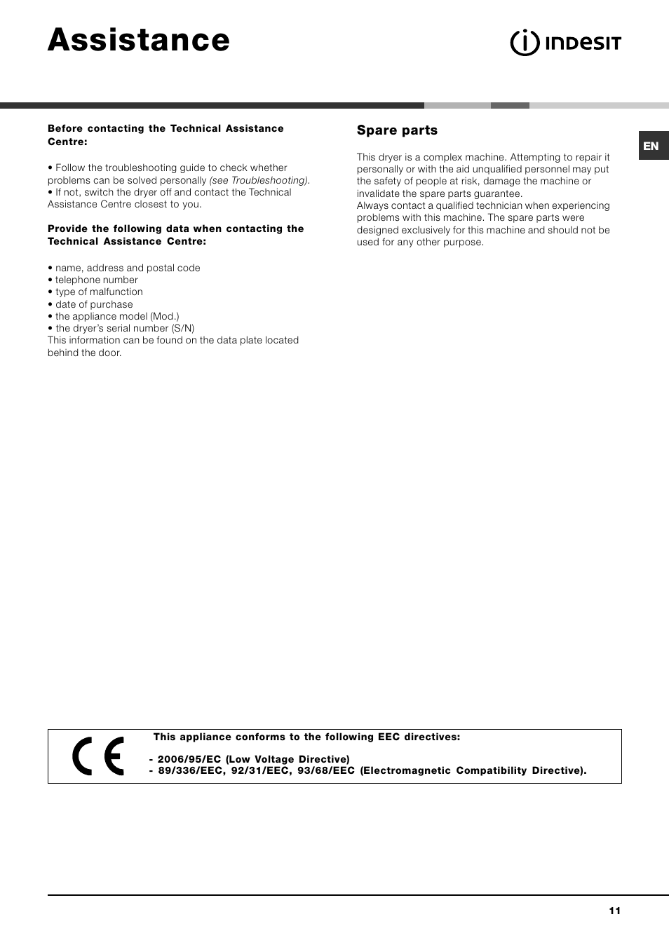 Assistance, Spare parts | Indesit IDV 65 User Manual | Page 11 / 16