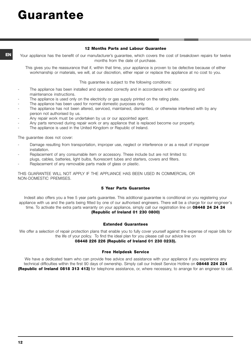 Guarantee | Indesit IDV 65 User Manual | Page 12 / 16