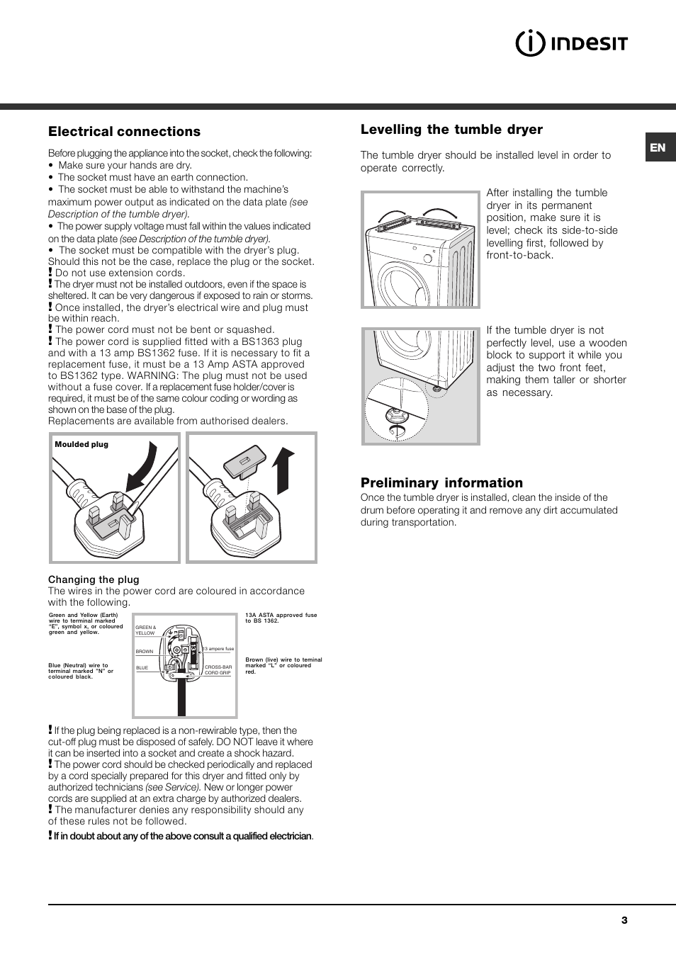 Electrical connections, Levelling the tumble dryer, Preliminary information | Indesit IDV 65 User Manual | Page 3 / 16