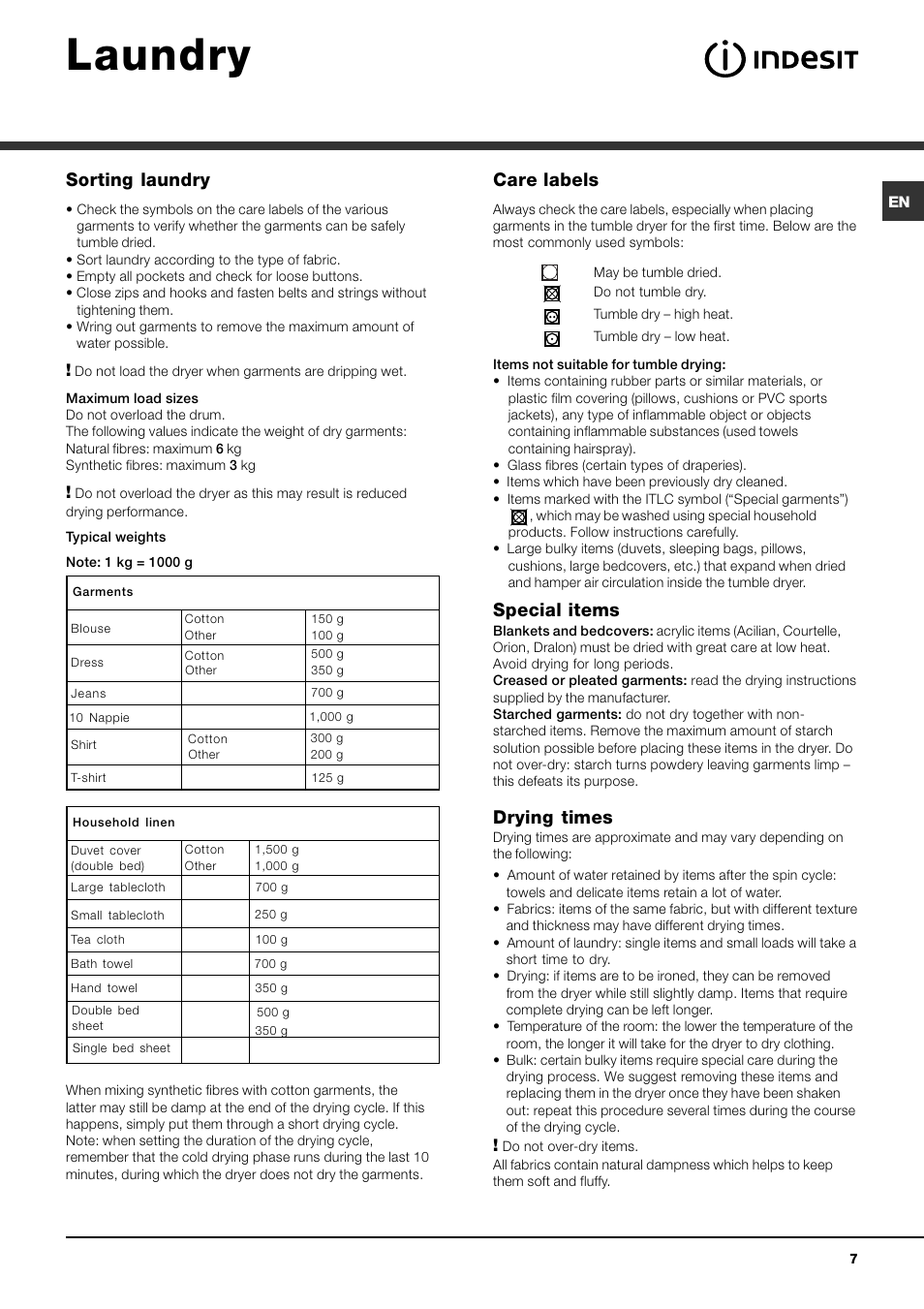 Laundry, Sorting laundry, Care labels | Special items, Drying times | Indesit IDV 65 User Manual | Page 7 / 16