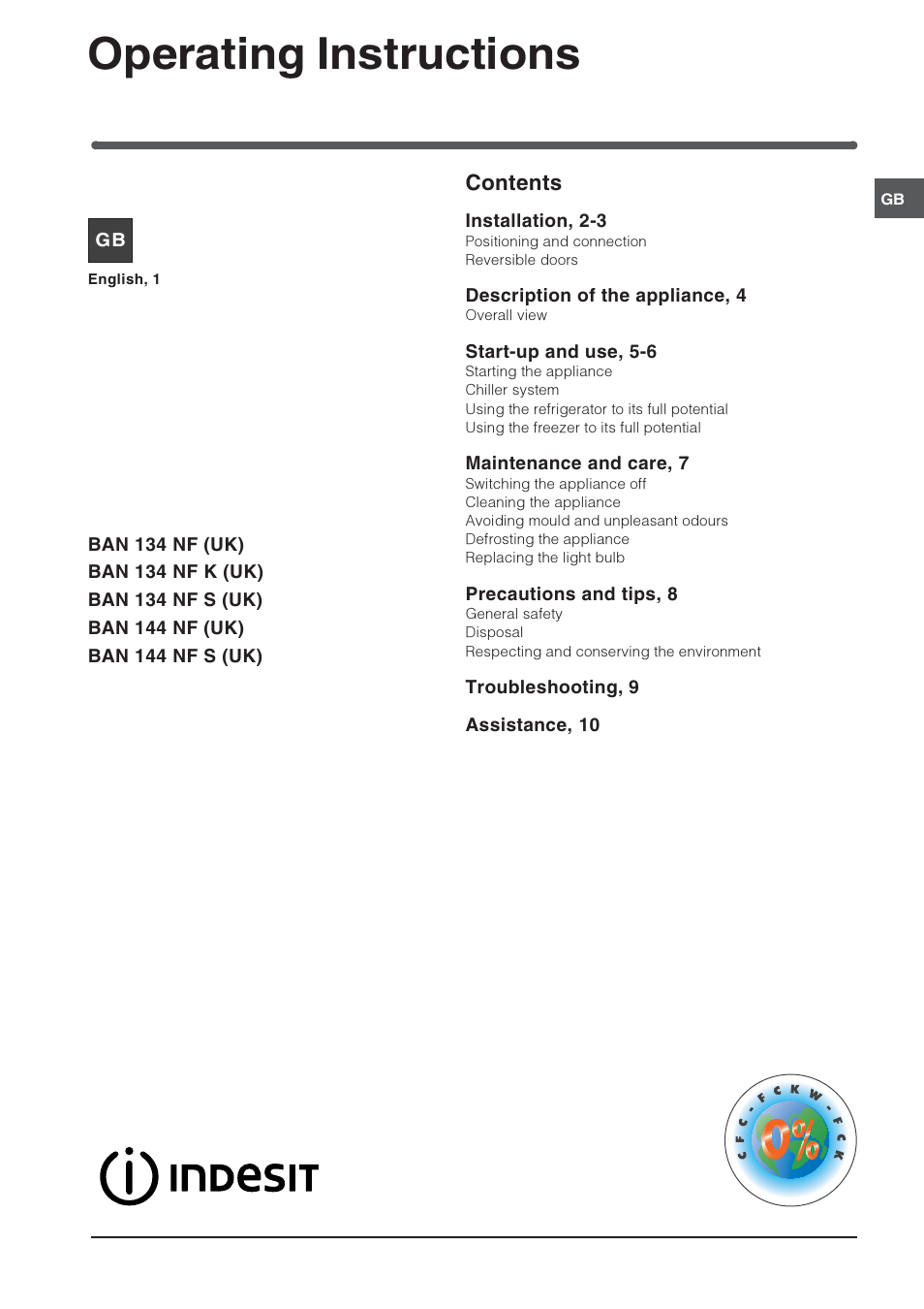 Indesit BAN 134 NF User Manual | 12 pages