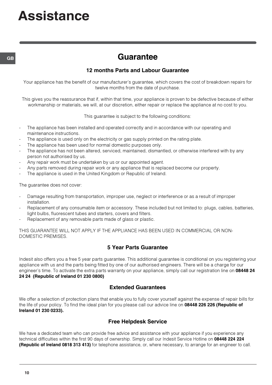 Assistance, Guarantee | Indesit BAN 134 NF User Manual | Page 10 / 12