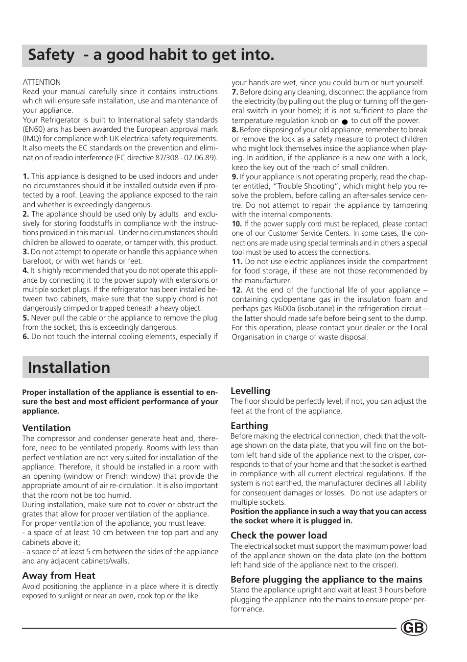 Installation safety - a good habit to get into | Indesit BA 139 PS User Manual | Page 3 / 16