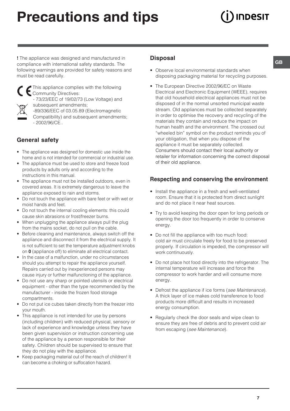 Precautions and tips | Indesit IN CB 320 I User Manual | Page 7 / 12