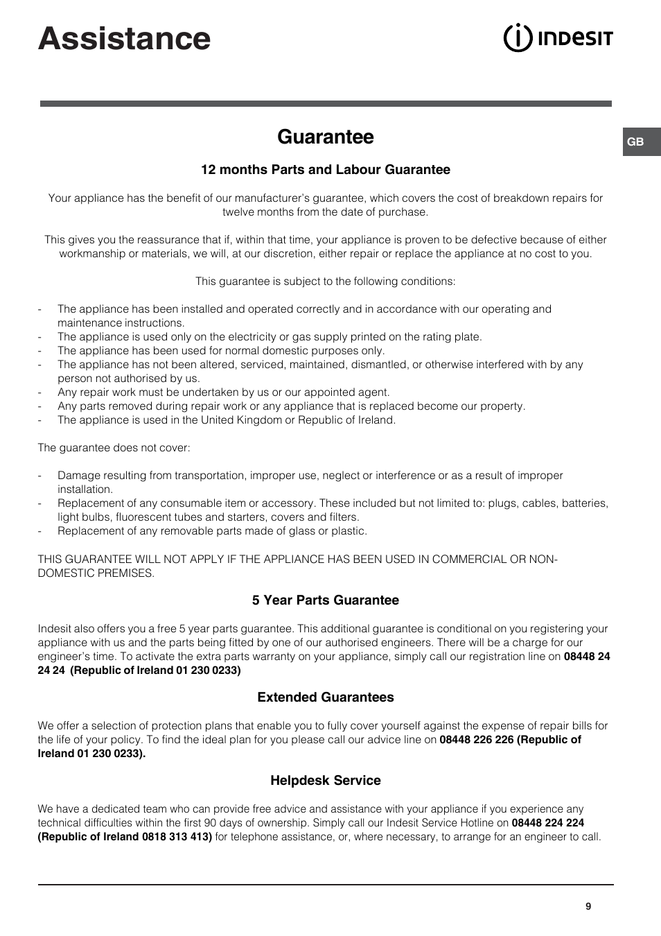 Assistance, Guarantee | Indesit IN CB 320 I User Manual | Page 9 / 12