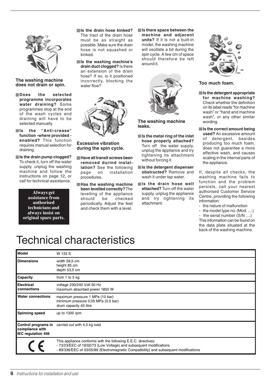 Technical characteristics | Indesit W 133 S User Manual | Page 10 / 16
