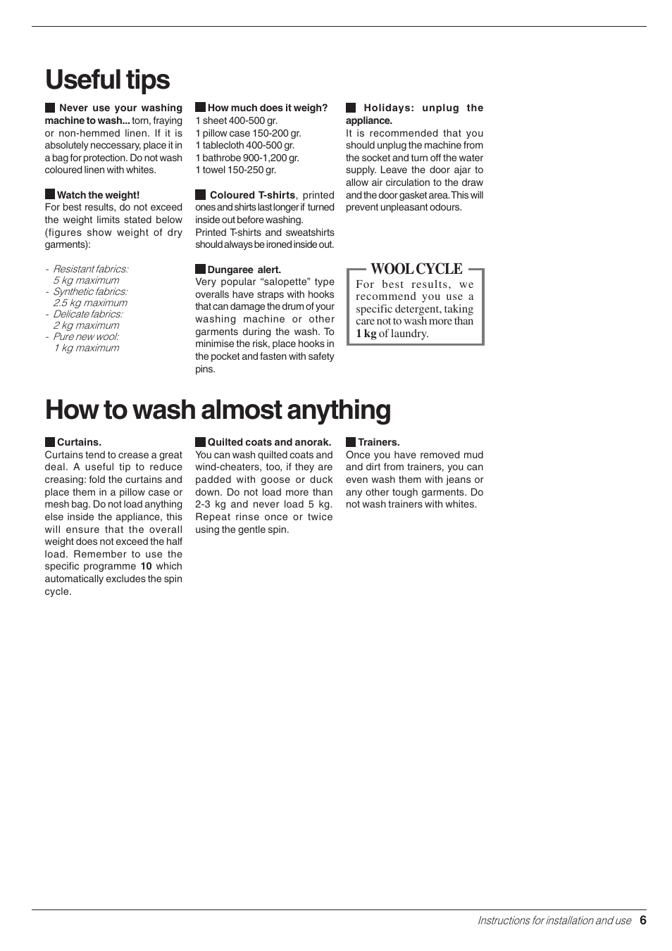Useful tips, How to wash almost anything, Wool cycle | Indesit W 133 S User Manual | Page 7 / 16