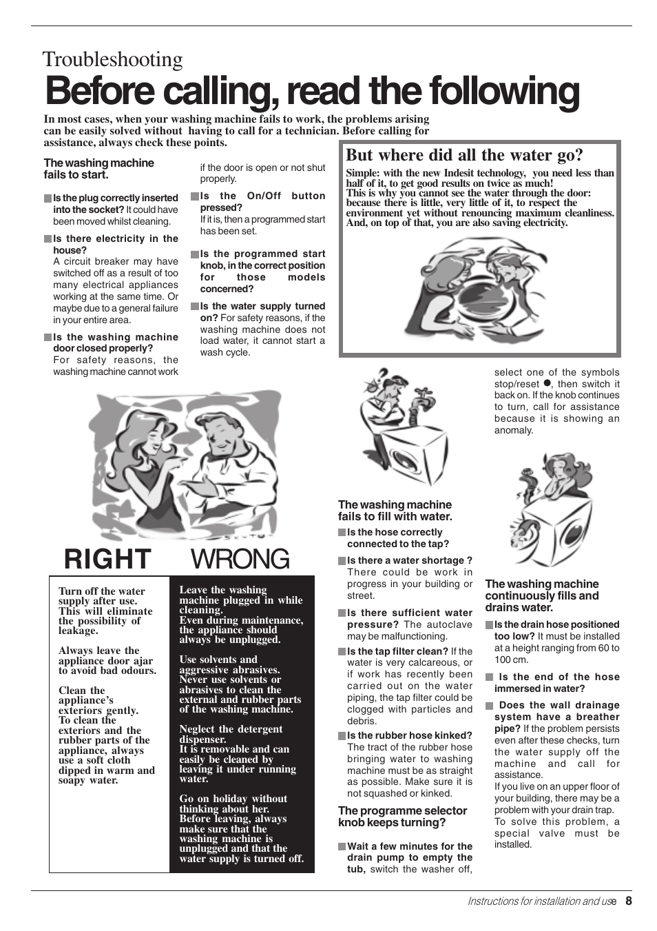 Before calling, read the following, Right wrong, Troubleshooting | But where did all the water go | Indesit W 133 S User Manual | Page 9 / 16