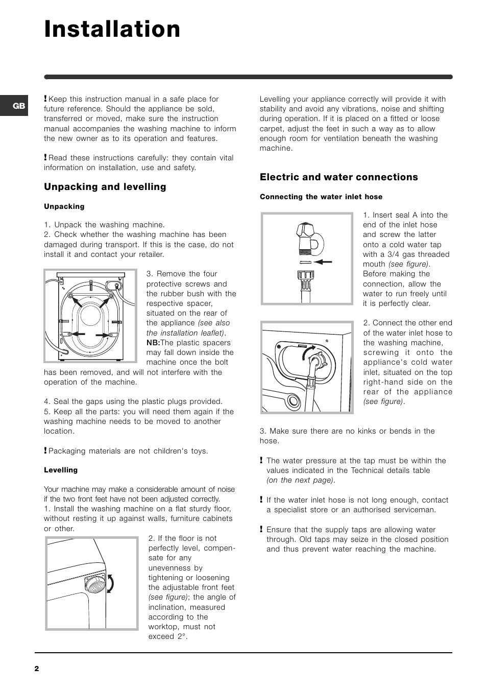 Installation, Unpacking and levelling, Electric and water connections | Indesit WIL 144 SP User Manual | Page 2 / 16