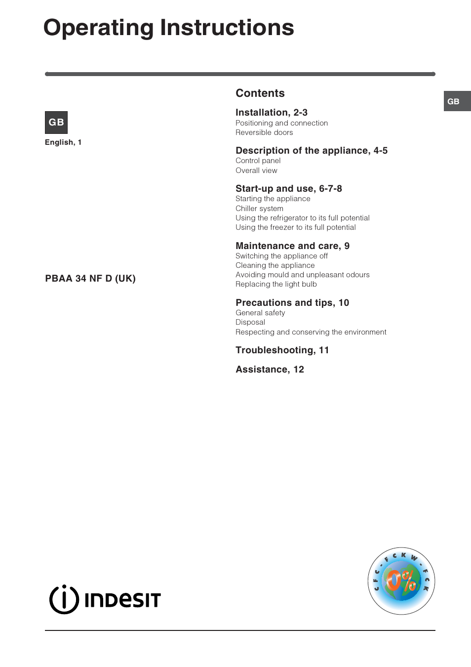 Indesit PBAA 34 NF D (UK) User Manual | 16 pages