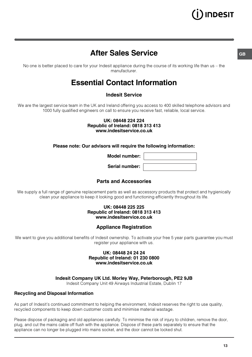 After sales service, Essential contact information | Indesit PBAA 34 NF D (UK) User Manual | Page 13 / 16