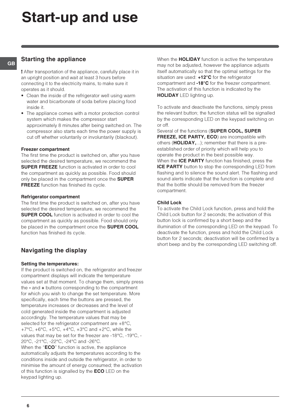 Start-up and use, Starting the appliance, Navigating the display | Indesit PBAA 34 NF D (UK) User Manual | Page 6 / 16