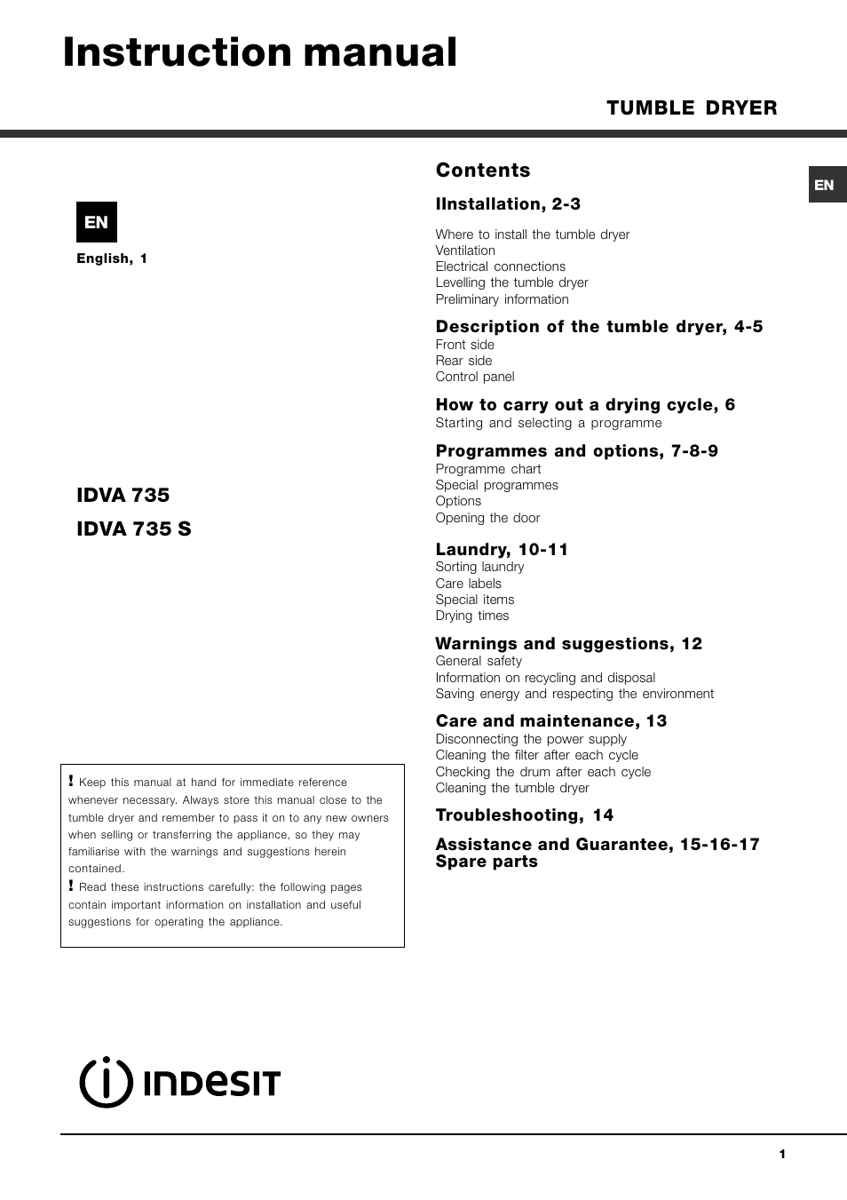 Indesit IDVA 735 User Manual | 20 pages