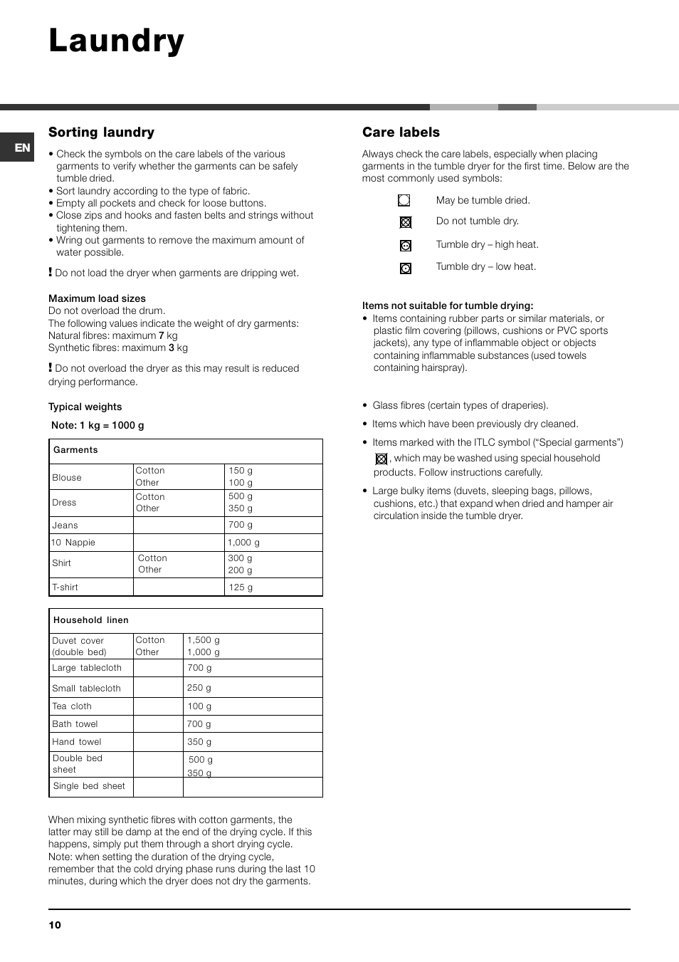 Laundry, Sorting laundry, Care labels | Indesit IDVA 735 User Manual | Page 10 / 20