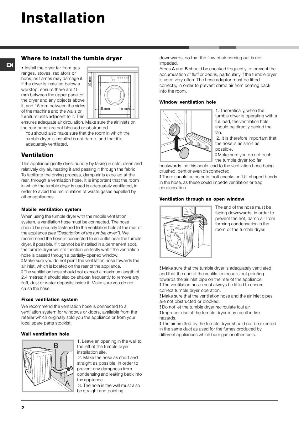 Installation, Where to install the tumble dryer, Ventilation | Indesit IDVA 735 User Manual | Page 2 / 20