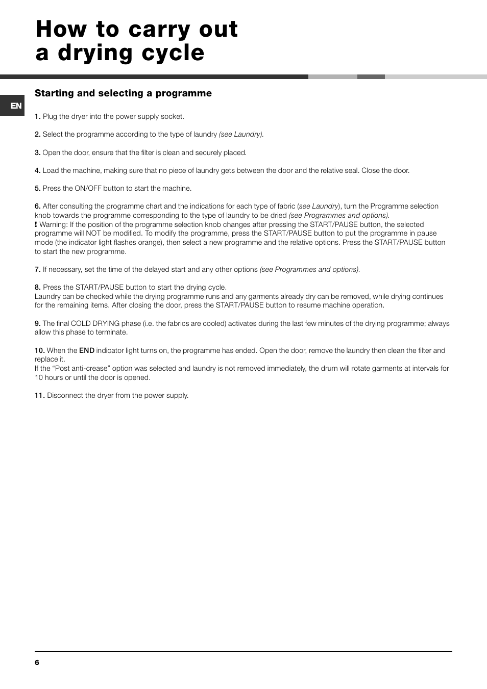 How to carry out a drying cycle | Indesit IDVA 735 User Manual | Page 6 / 20