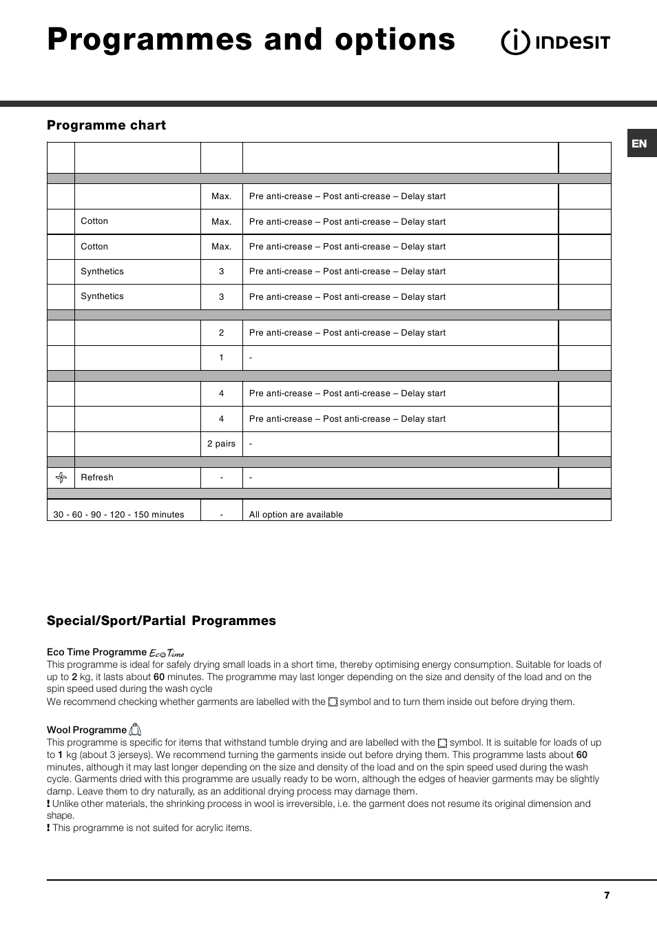 Programmes and options, Programme chart special/sport/partial programmes | Indesit IDVA 735 User Manual | Page 7 / 20