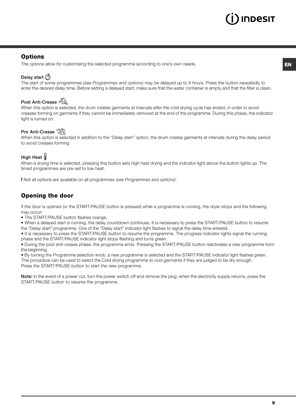 Options, Opening the door | Indesit IDVA 735 User Manual | Page 9 / 20