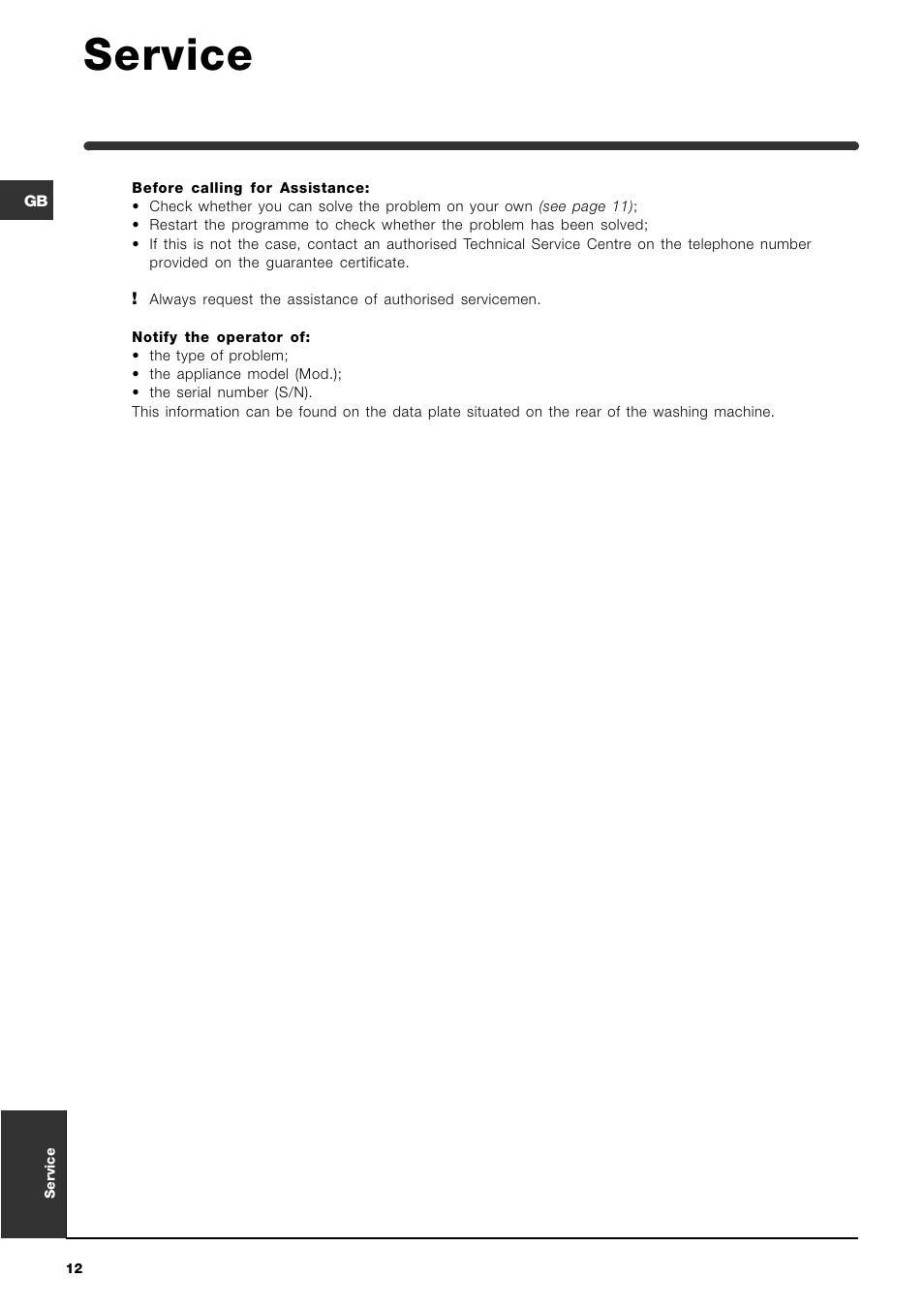 Service | Indesit WI142 User Manual | Page 12 / 48