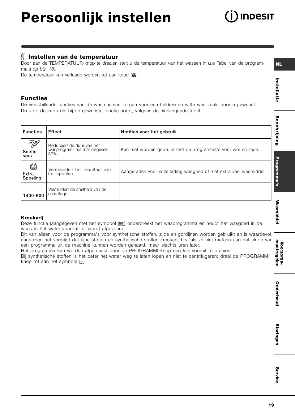 Persoonlijk instellen, Instellen van de temperatuur, Functies | Indesit WI142 User Manual | Page 19 / 48