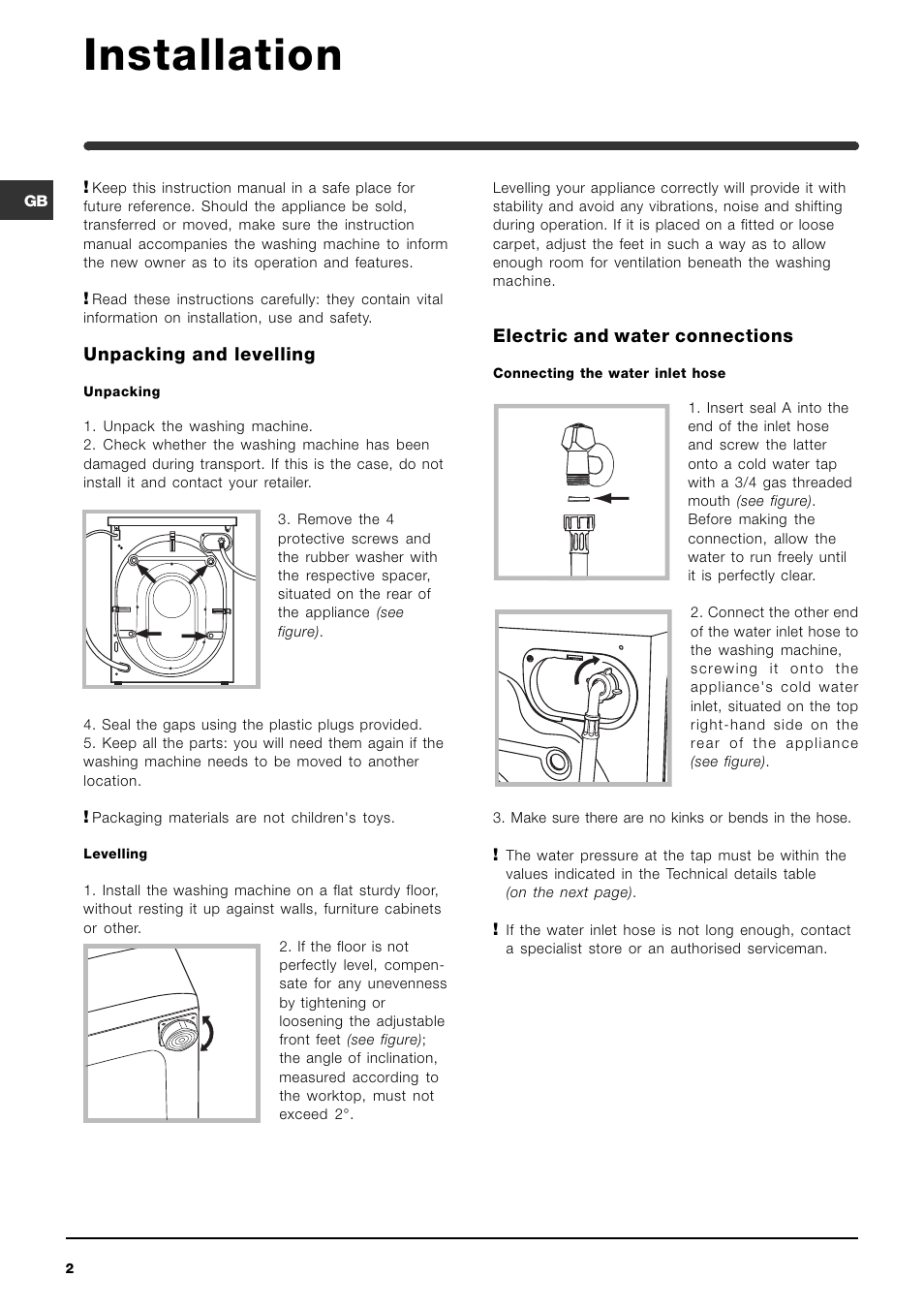 Installation, Unpacking and levelling, Electric and water connections | Indesit WI142 User Manual | Page 2 / 48