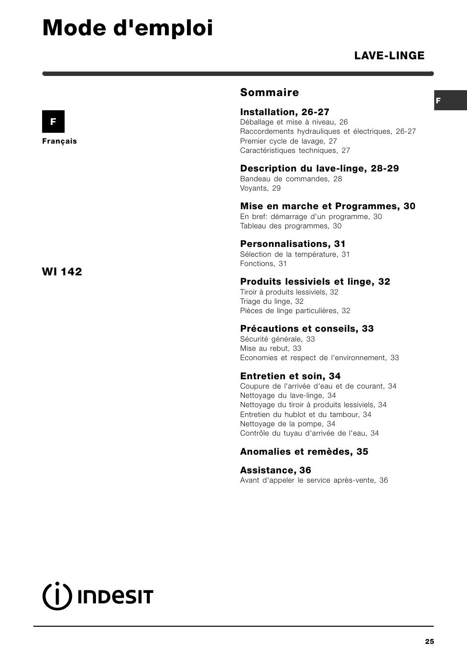 Mode d'emploi, Sommaire, Lave-linge wi 142 | Indesit WI142 User Manual | Page 25 / 48