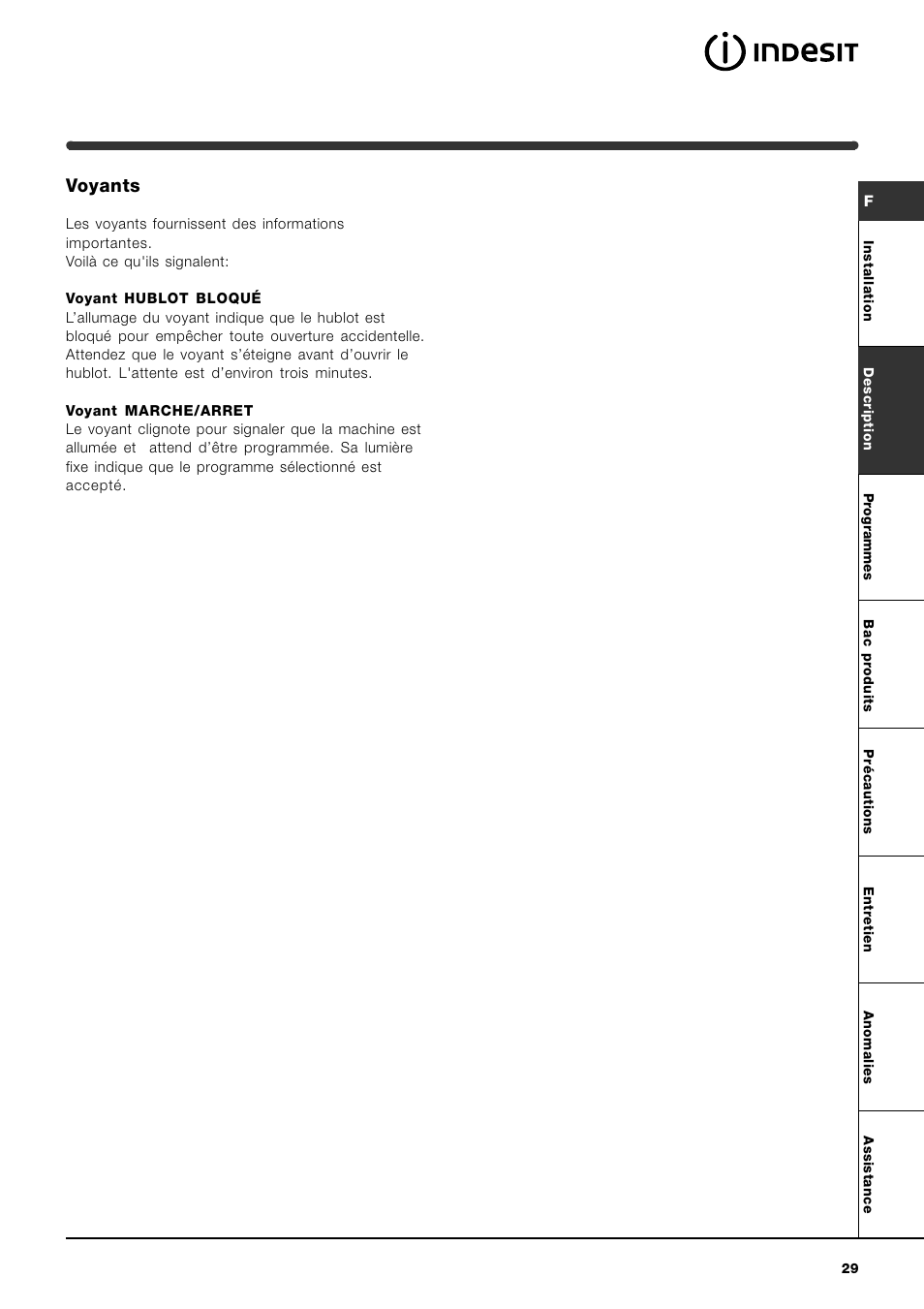 Voyants | Indesit WI142 User Manual | Page 29 / 48