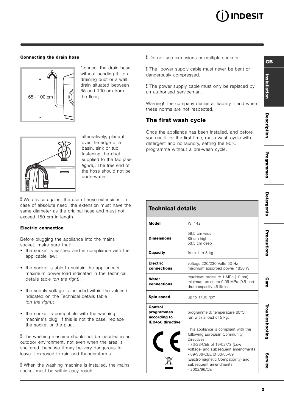 The first wash cycle, Technical details | Indesit WI142 User Manual | Page 3 / 48